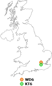 map showing distance between WD6 and KT6