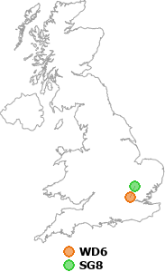 map showing distance between WD6 and SG8