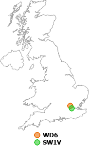 map showing distance between WD6 and SW1V