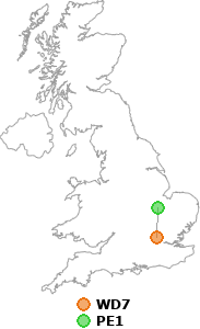 map showing distance between WD7 and PE1