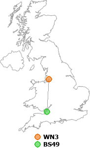 map showing distance between WN3 and BS49