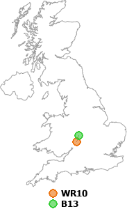 map showing distance between WR10 and B13