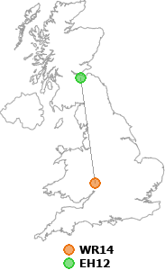 map showing distance between WR14 and EH12