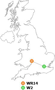 map showing distance between WR14 and W2