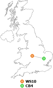 map showing distance between WS10 and CB4