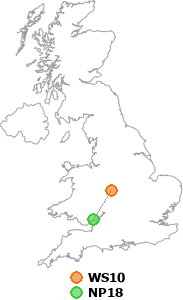 map showing distance between WS10 and NP18