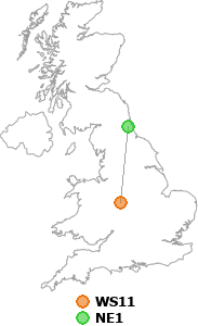 map showing distance between WS11 and NE1