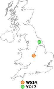 map showing distance between WS14 and YO17