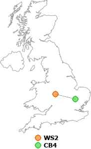 map showing distance between WS2 and CB4