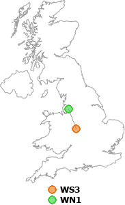 map showing distance between WS3 and WN1