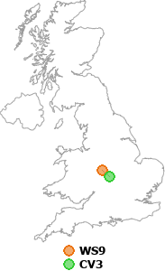 map showing distance between WS9 and CV3