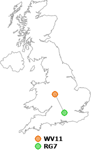 map showing distance between WV11 and RG7