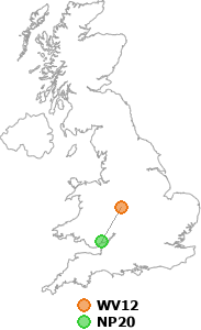 map showing distance between WV12 and NP20