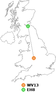 map showing distance between WV13 and EH8