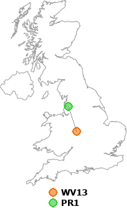 map showing distance between WV13 and PR1