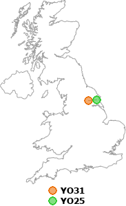 map showing distance between YO31 and YO25