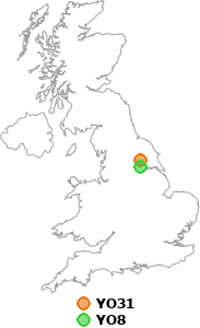 map showing distance between YO31 and YO8