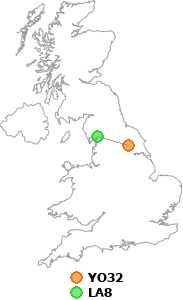 map showing distance between YO32 and LA8