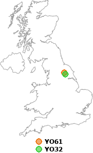 map showing distance between YO61 and YO32