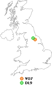 map showing distance between YO7 and DL9