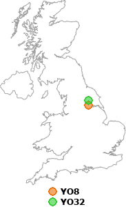 map showing distance between YO8 and YO32