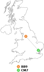 map showing distance between BB9 and CM7